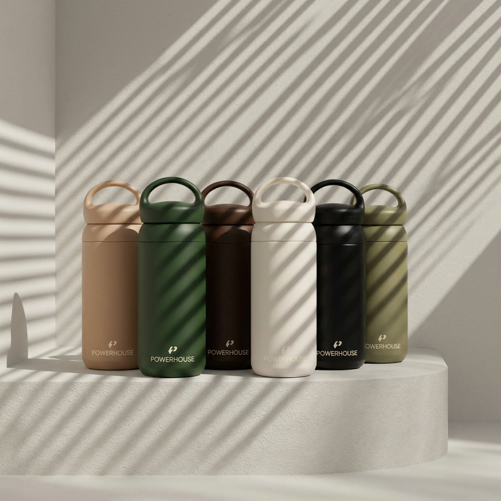 Powerhouse Fitness reusable 16 oz tumblers in multiple colors on stone display pedestal